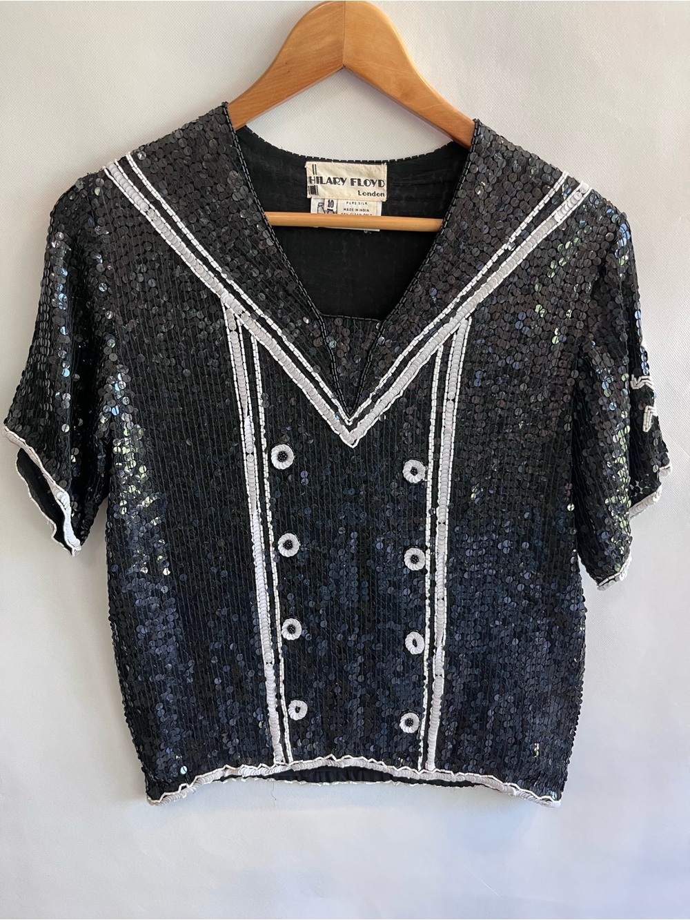 Vintage Hilary Floyd Silk Black Sequined Sailor Top